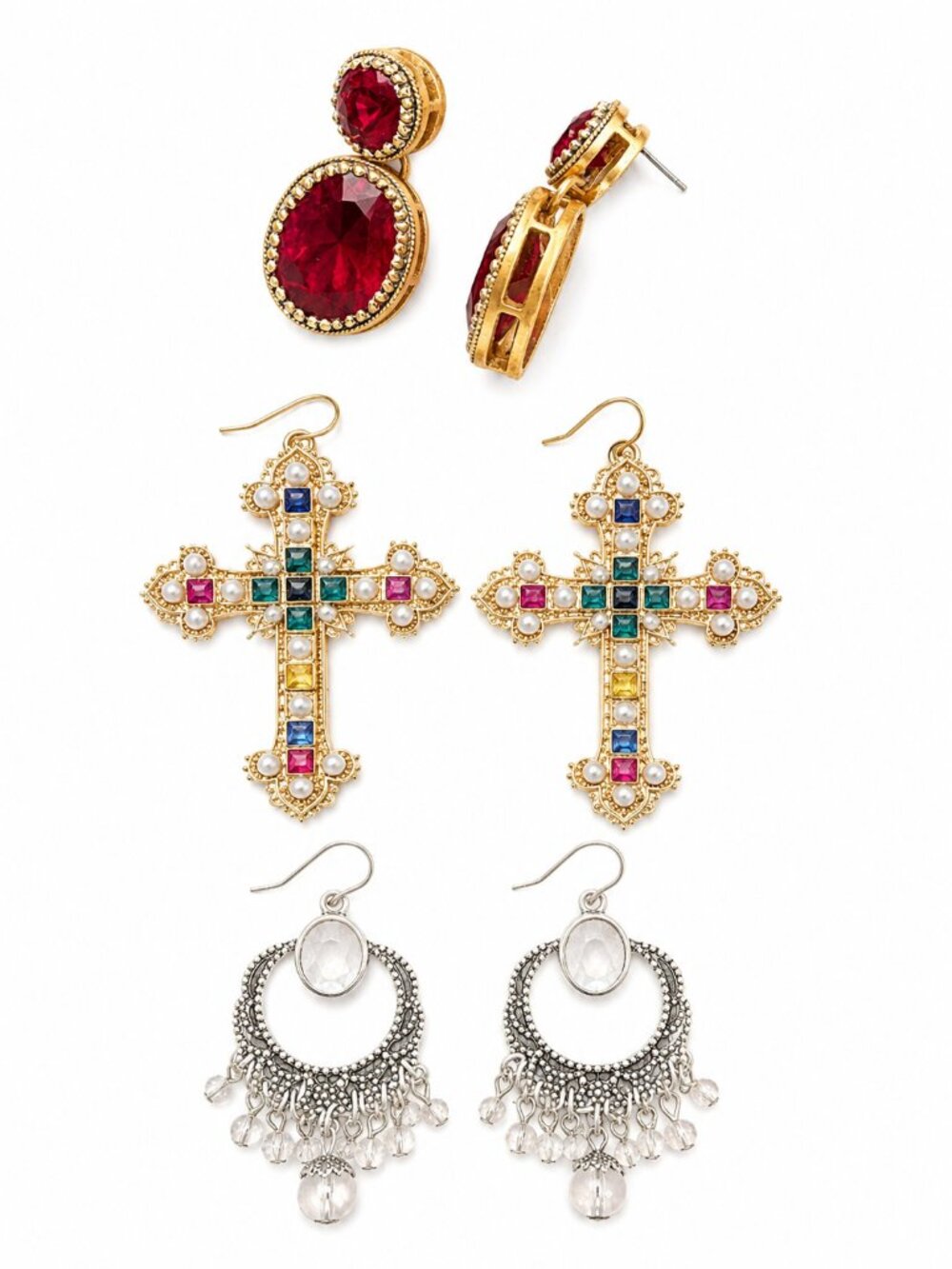 3-Pair Statement Earring Bundle | Cross, Red Gem & Silver Chandelier